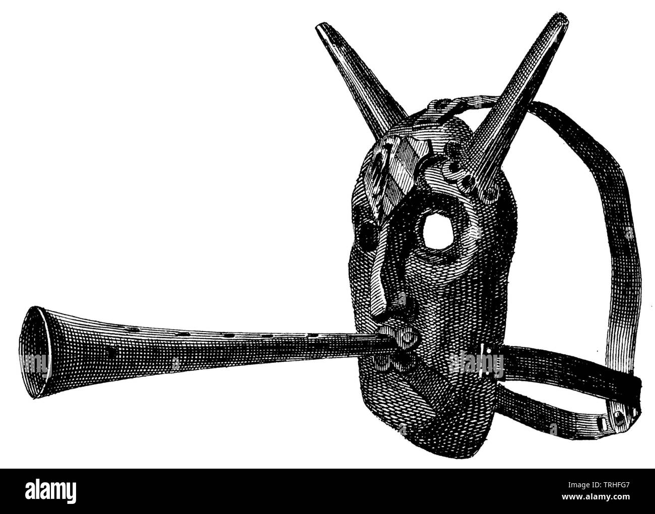 Verwaltung der Justiz: Werkzeuge der Folter und der Todesstrafe. Strafe Maske.,, (kulturelle Geschichte Buch, 1875) Stockfoto