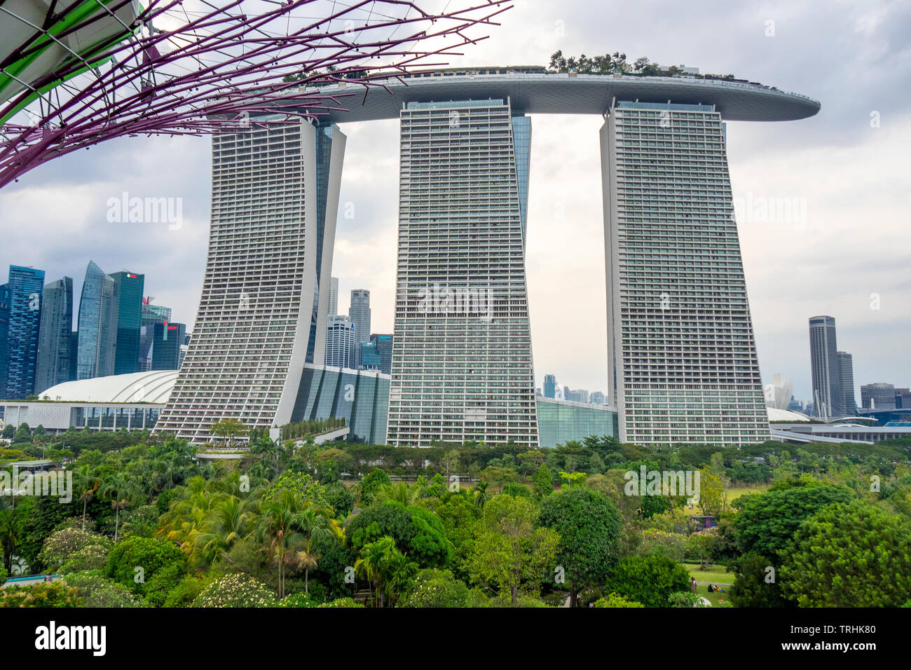Marina Bay Sands Hotel und Resort mit Swimmingpool auf der Dachterrasse und Stahl gitterkonstruktion Supertreee an Gärten an der Bucht von Singapur Stockfoto