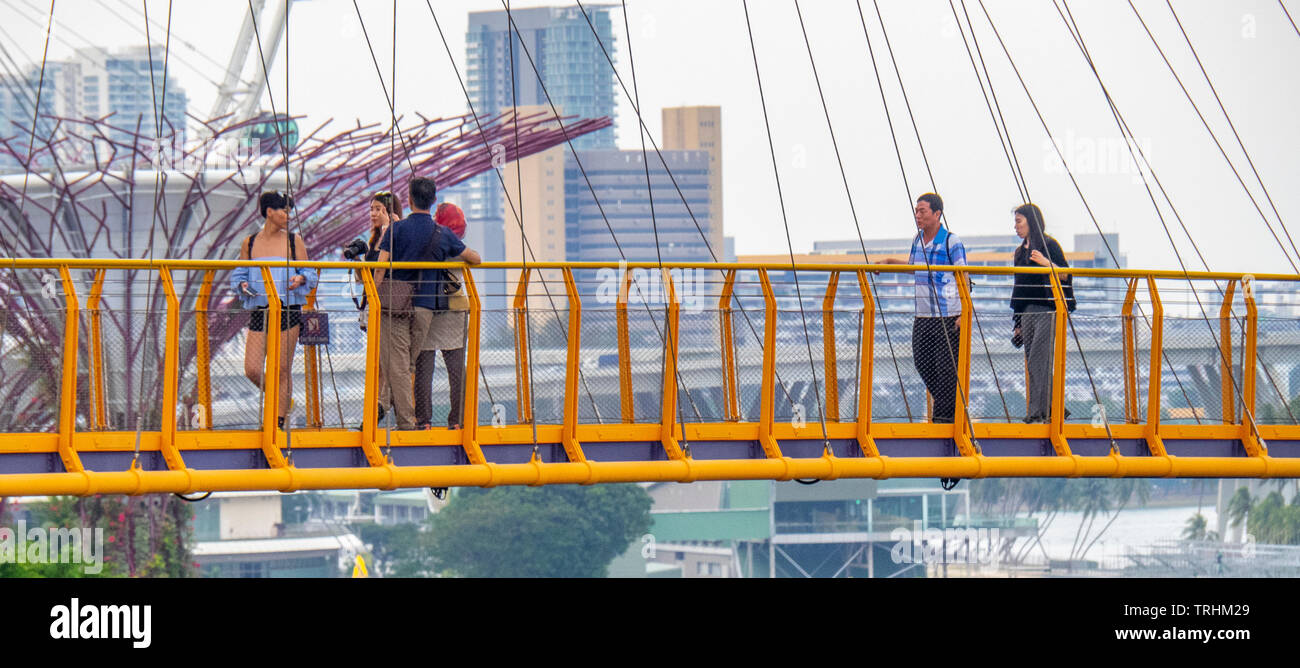 Touristen auf dem erhöhten Laufsteg OCBC Skyway in Gärten an der Bucht von Singapur. Stockfoto