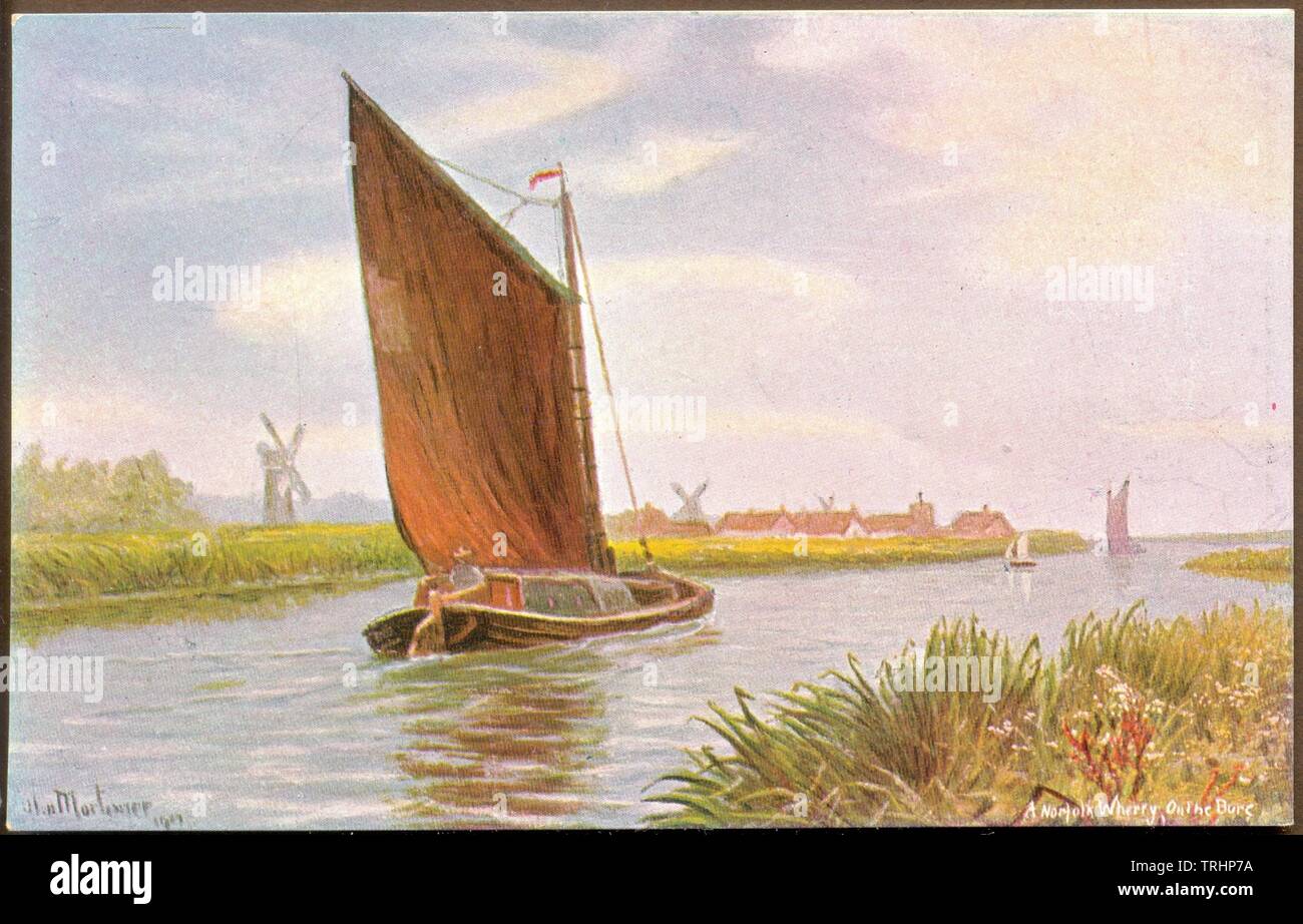 Postkarte ein Norfolk wherry auf der Bure von Alan Mortimer 1911 Stockfoto