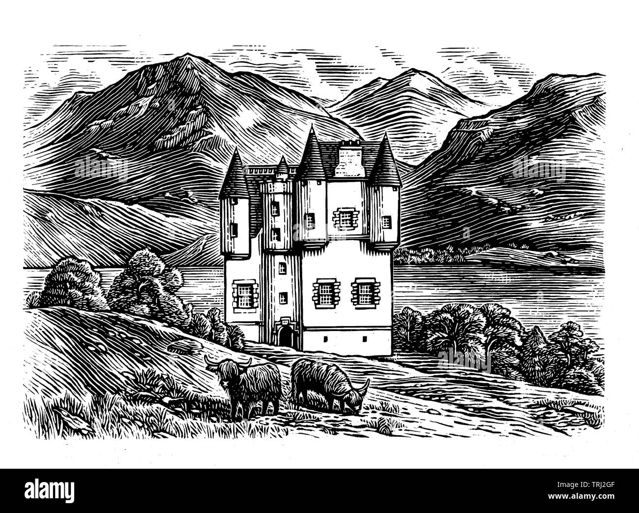 Schloss in den Bergen, See Stockfoto