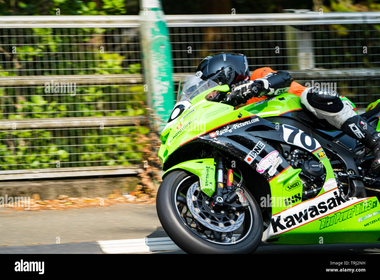 Motorrad Rennfahrer auf der Isle of Man TT road race, 2019 Stockfoto