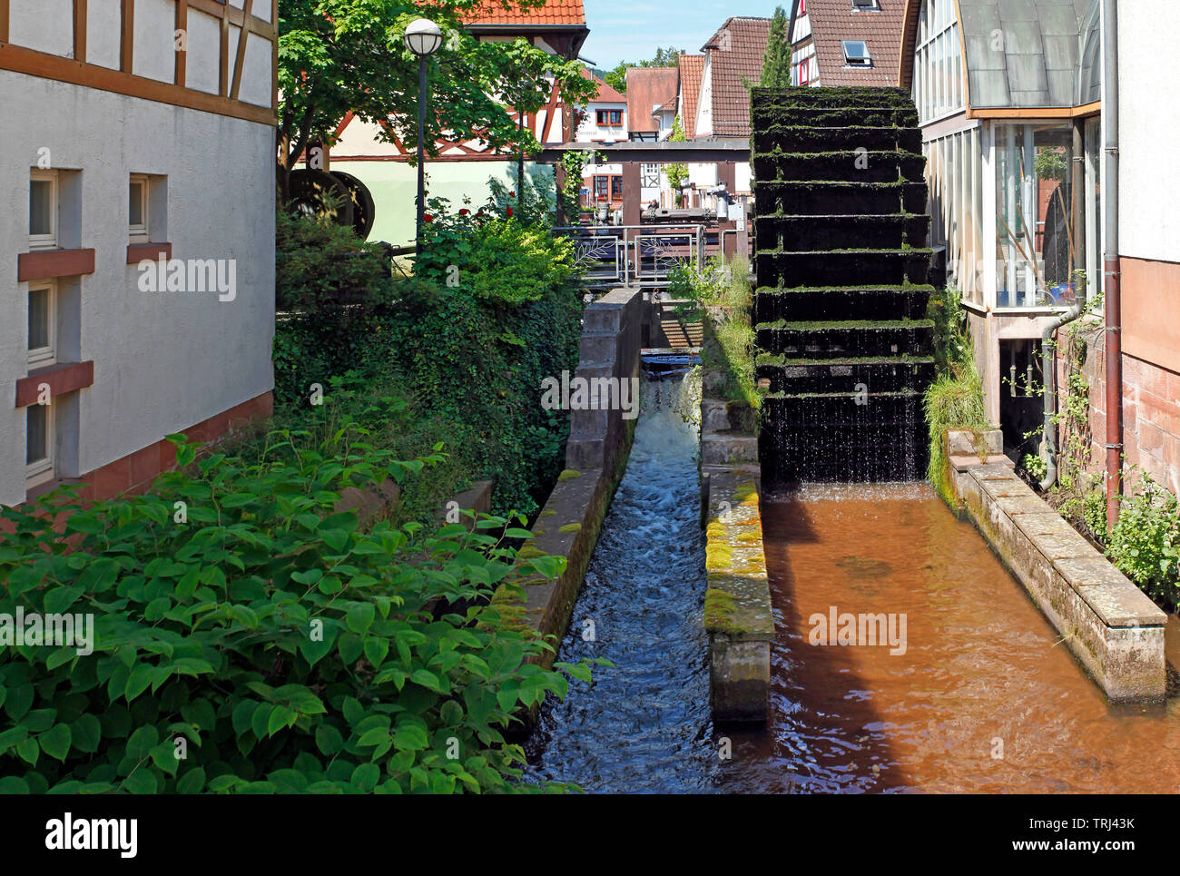 Historische Wassermühle an der Queich stream, Altstadt von Annweiler am Trifels, Rheinland-Pfalz, Deutschland Stockfoto