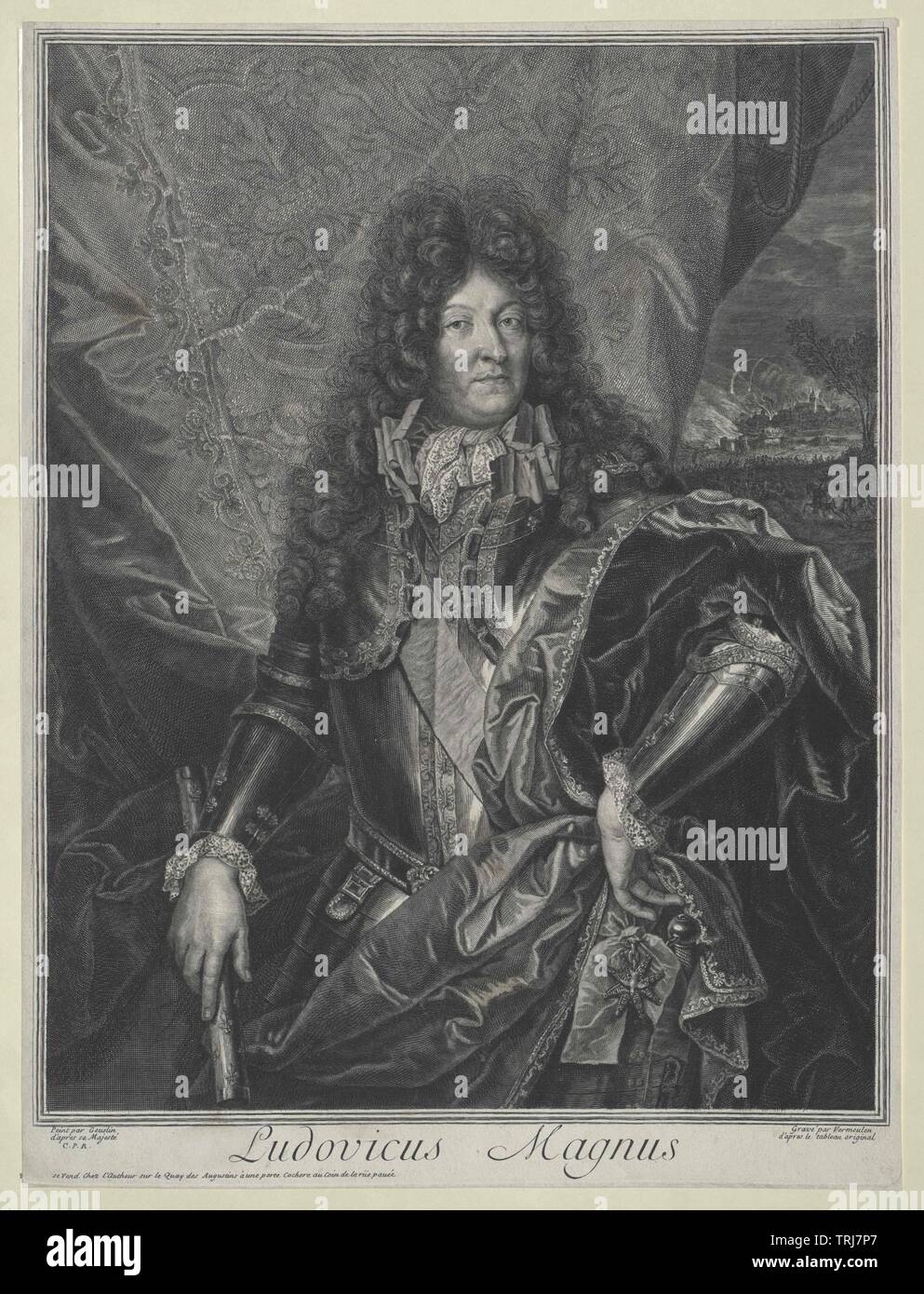 Bild König Ludwig XIV. von Frankreich, Kupferstich von Cornelis Vermeulen basierend auf Gemälde von Etienne Geuslain, Additional-Rights - Clearance-Info - Not-Available Stockfoto