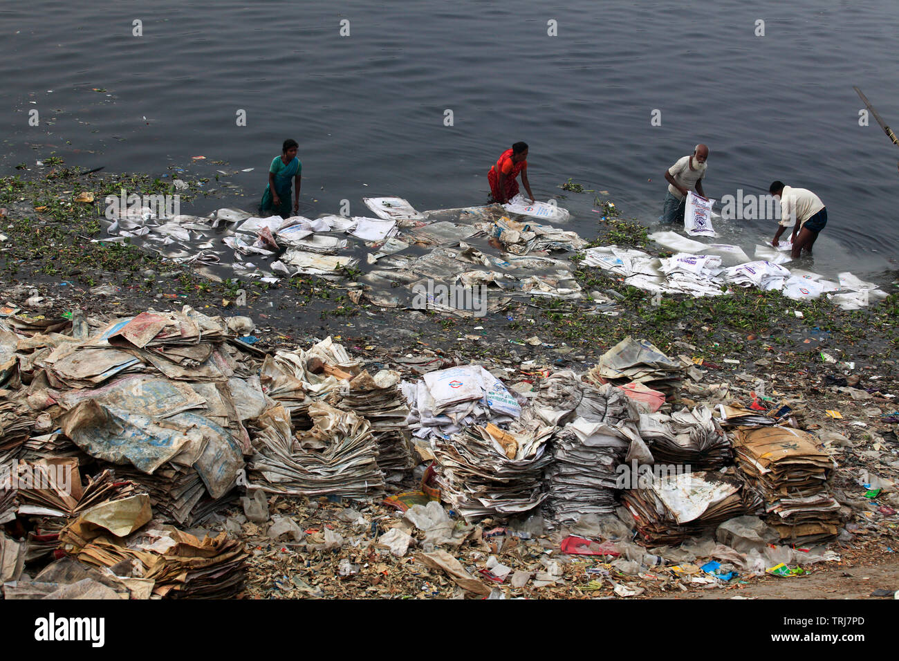 Arbeiter waschen Polyäthylenbeutel, die benutzt wurden, um Chemikalien zu tragen, in der buriganga Fluss für das Recycling. Dhaka, Bangladesch Stockfoto