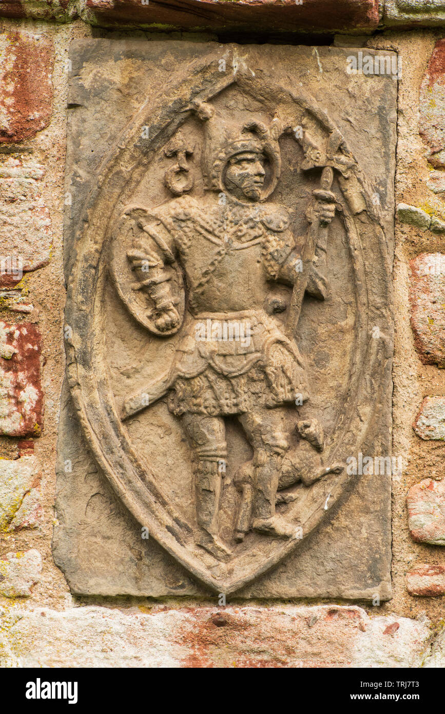 Edzell Castle, Angus, Schottland. Die aufwendige ummauerten Garten wurde 1604 angelegt. Dieser wall Plaque stellt eine der Planetaren Gottheiten. Stockfoto