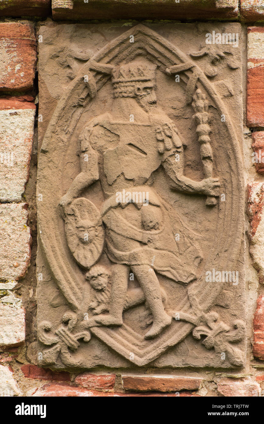 Edzell Castle, Angus, Schottland. Die aufwendige ummauerten Garten wurde 1604 angelegt. Dieser wall Plaque stellt eine der Planetaren Gottheiten. Stockfoto