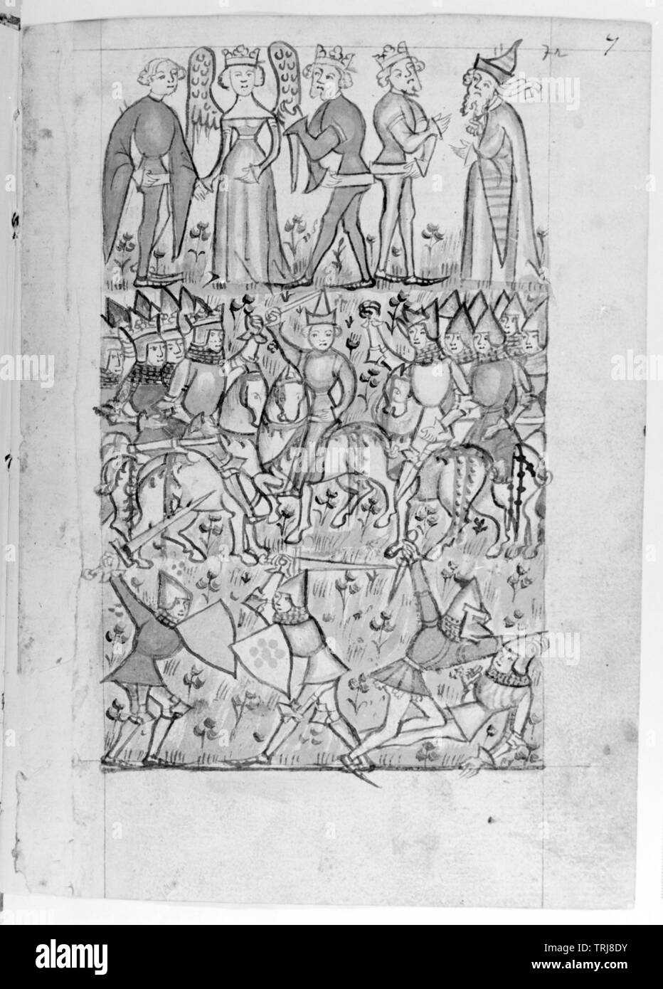 Codex 2915, Folio 7, ganzseitigen Federzeichnung: 'Streit um Paris', Repro negativ auf Basis der Federzeichnung, Additional-Rights - Clearance-Info - Not-Available Stockfoto