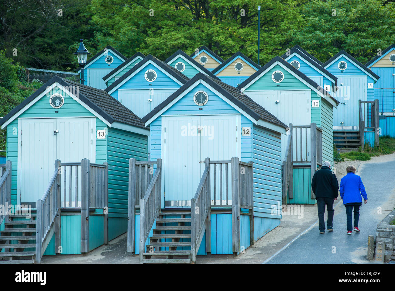 Farbenfrohe Strand Hütte am Bournmouth Strand in Dorset, England, UK. Stockfoto