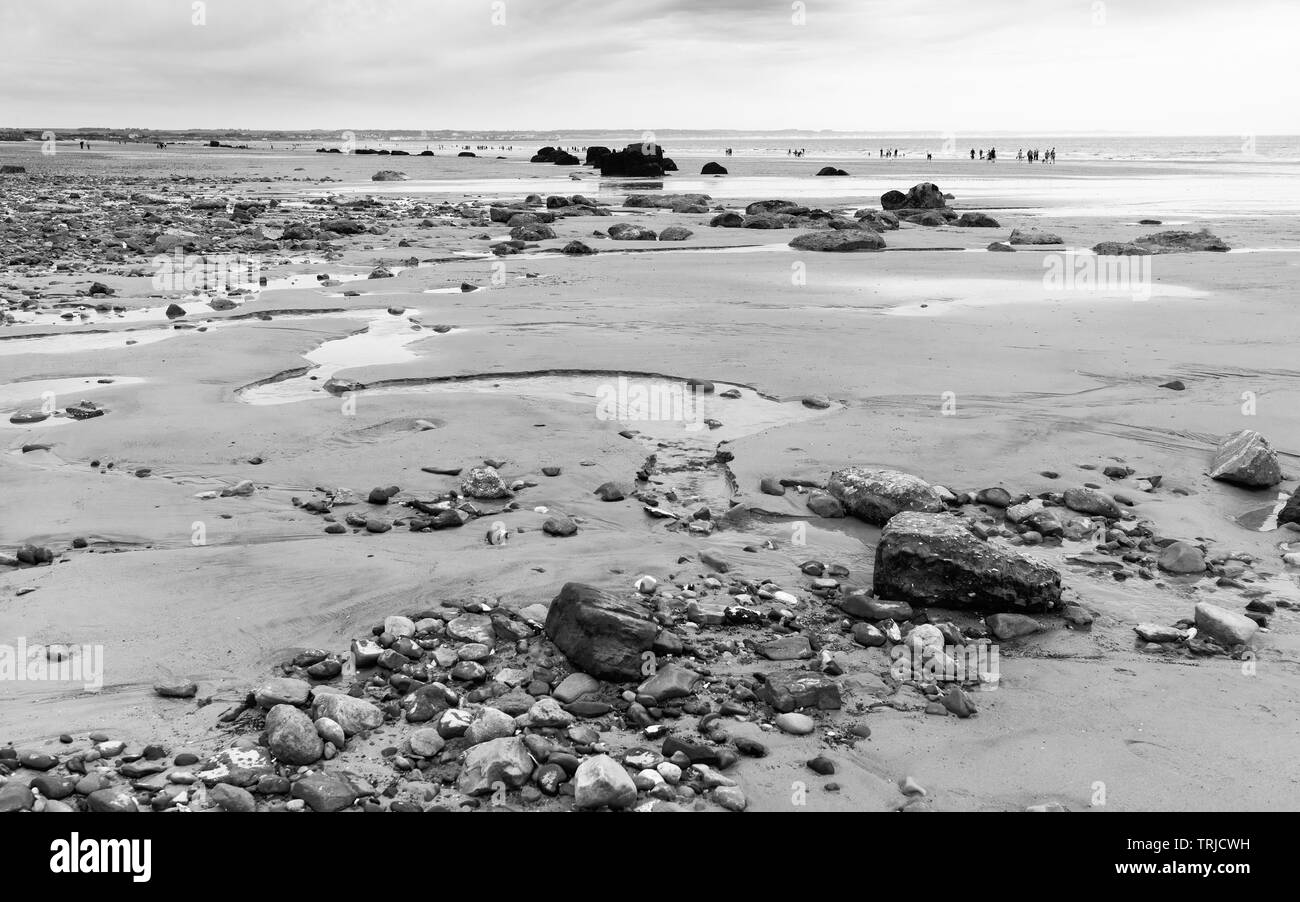 Blick entlang Sandstrand mit Steinen und Felsen bei Ebbe am hellen Morgen im Sommer, Fraisthorpe, Yorkshire, Großbritannien. Stockfoto