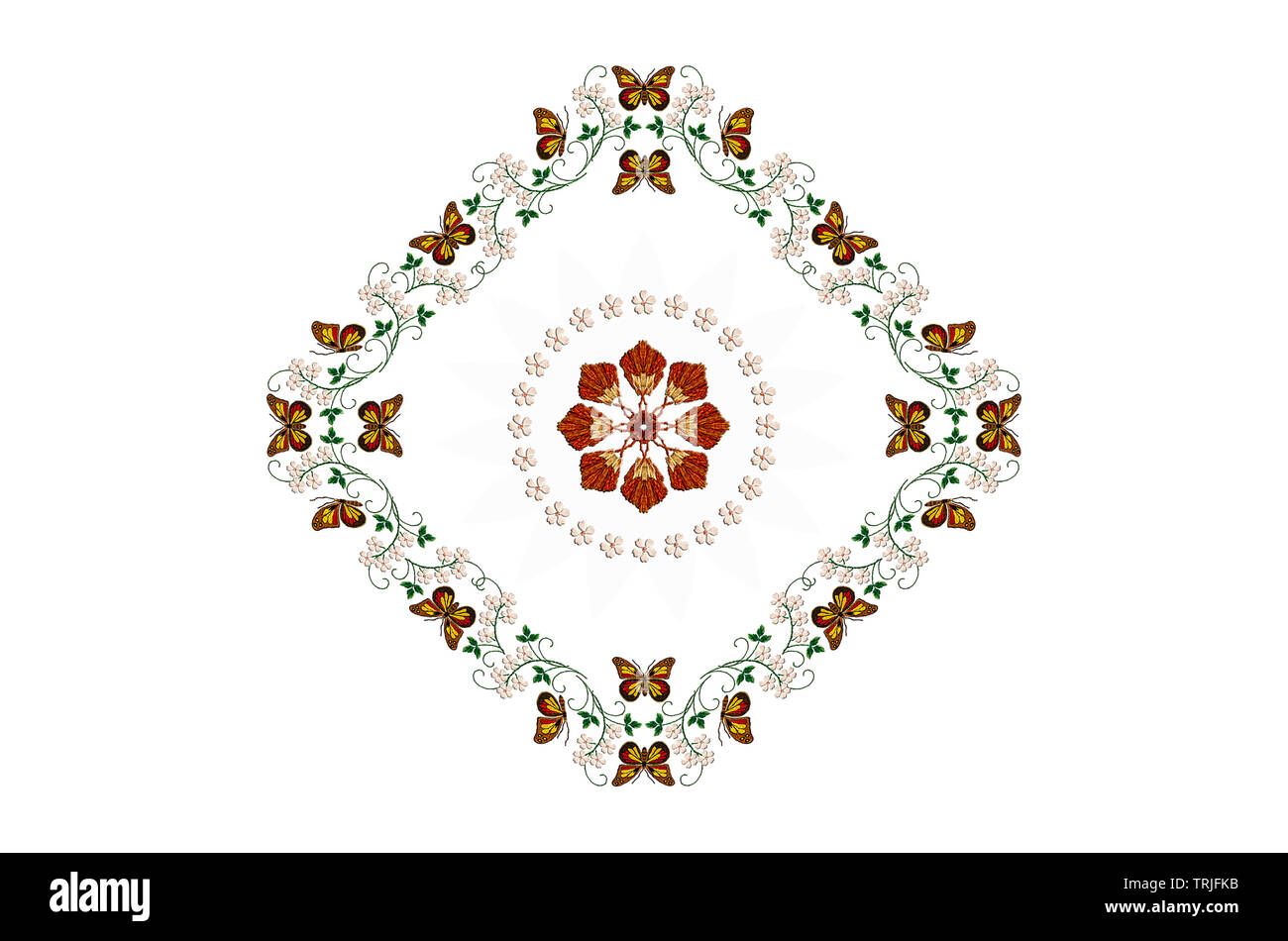 Diamond-förmigen Rahmen mit gestickten Schmetterlinge auf Stengel mit Blättern und weißen Blüten, und mit einem Kreis von weißen Blumen auf weißem Hintergrund Stockfoto