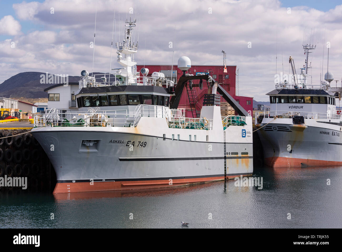 GRINDAVIK, ISLAND - Fischerboote im Hafen Stadt im Südwesten von Island angedockt. Stockfoto