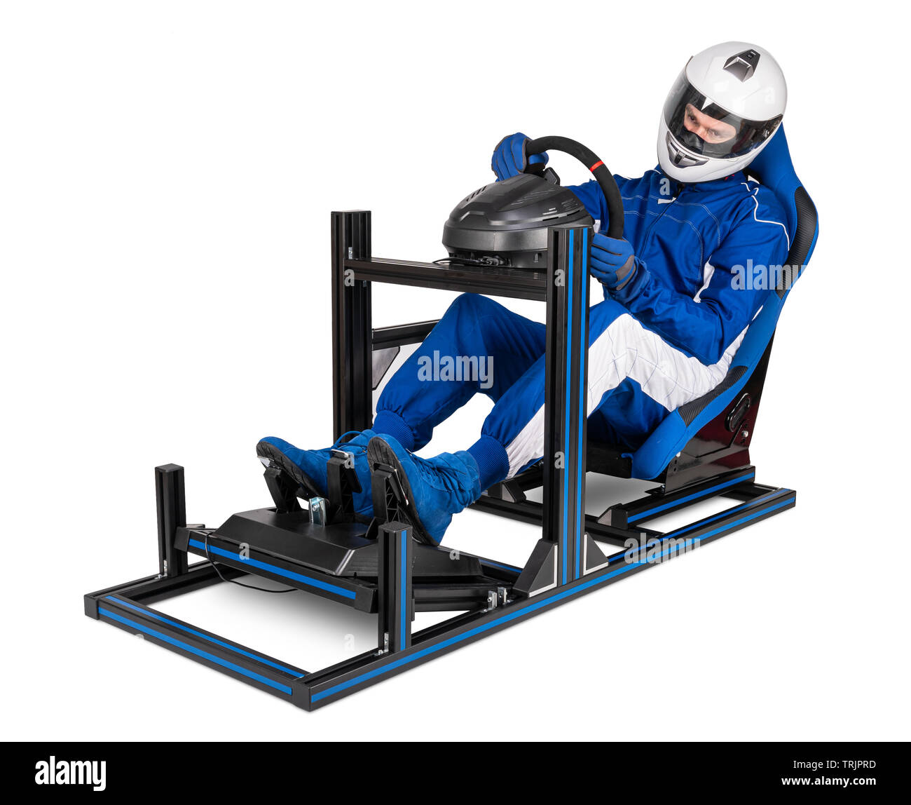 Race Driver in Blau insgesamt mit Helm Training am Simulator simracing Aluminium Rigg für video spiel racing. Motorsport auto Schalensitz Lenkrad Stockfoto