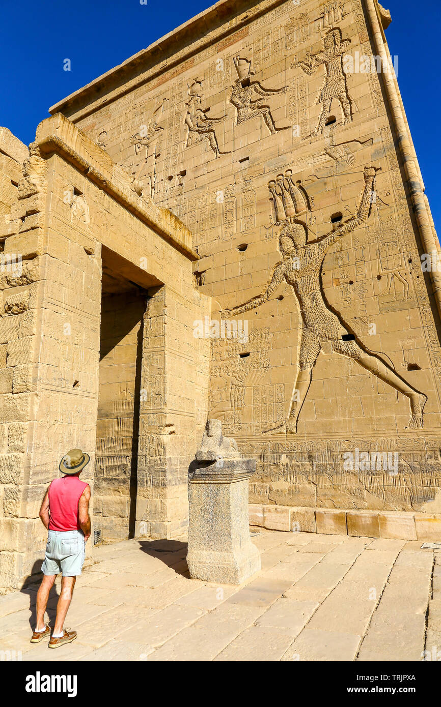 Eine männliche Touristen auf der Suche an der Wand Dekorationen und Hieroglyphen der Götter Ra, Osiris und Horus im Tempel von Philae auf der Insel Agilkia, Ägypten Stockfoto