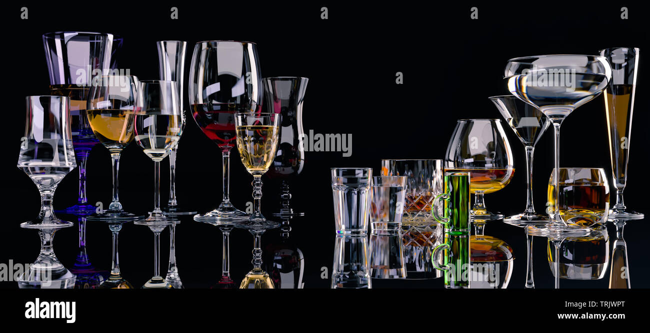 Starke alkoholische Getränke, Gläser und Brillen, in Anwesenheit von Whiskey, Wodka, Rum, Tequila, Weinbrand, Cognac. auf dunklen alten Hintergrund mit SELECTIV Stockfoto