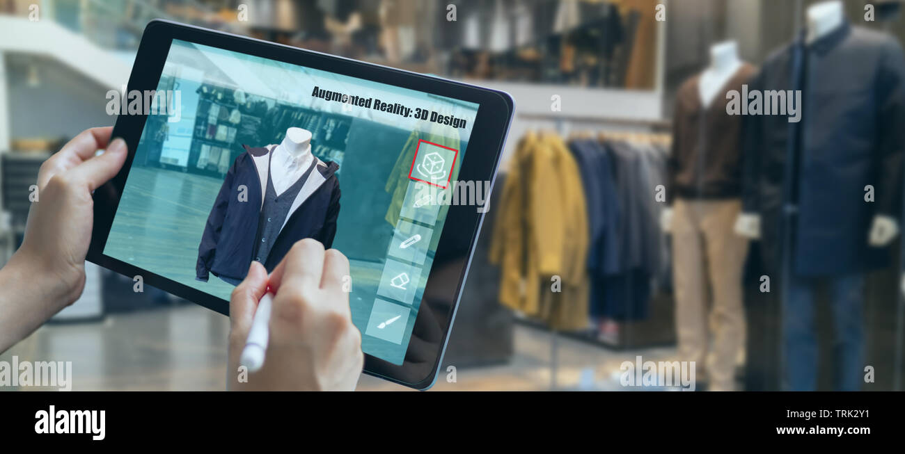 Augmented gemischt Virtuelle Realität eine Kleidung in 3D Fashion design software Programm Erstellen virtueller, leben Kleidungsstück Visualisierung mit Cu zu entwerfen Stockfoto