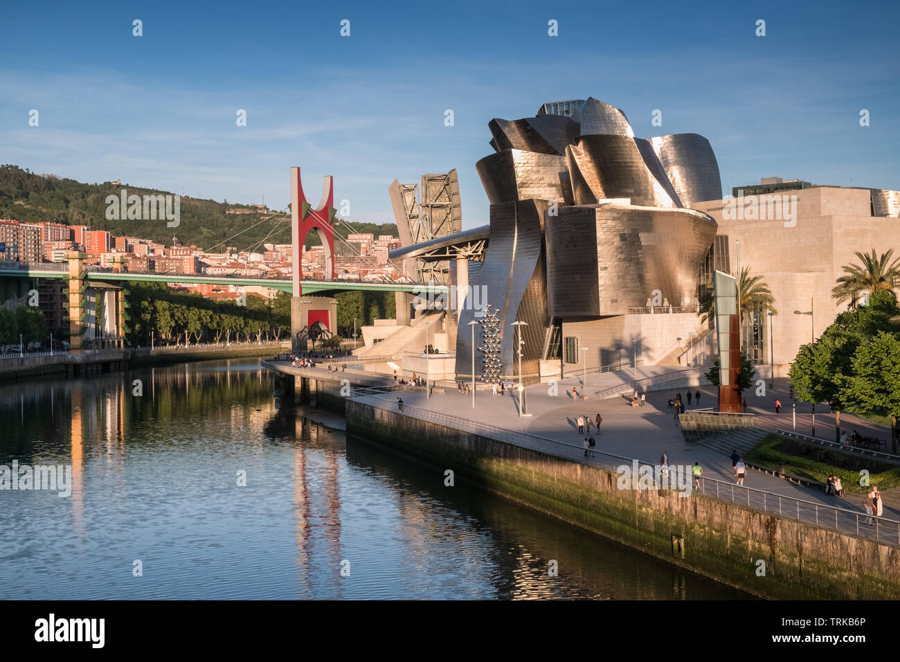 Bilbao Stadtbild, mit moderner Architektur des Guggenheim Museum neben den Fluss Nervion, Bilbao, Baskenland, Spanien Stockfoto