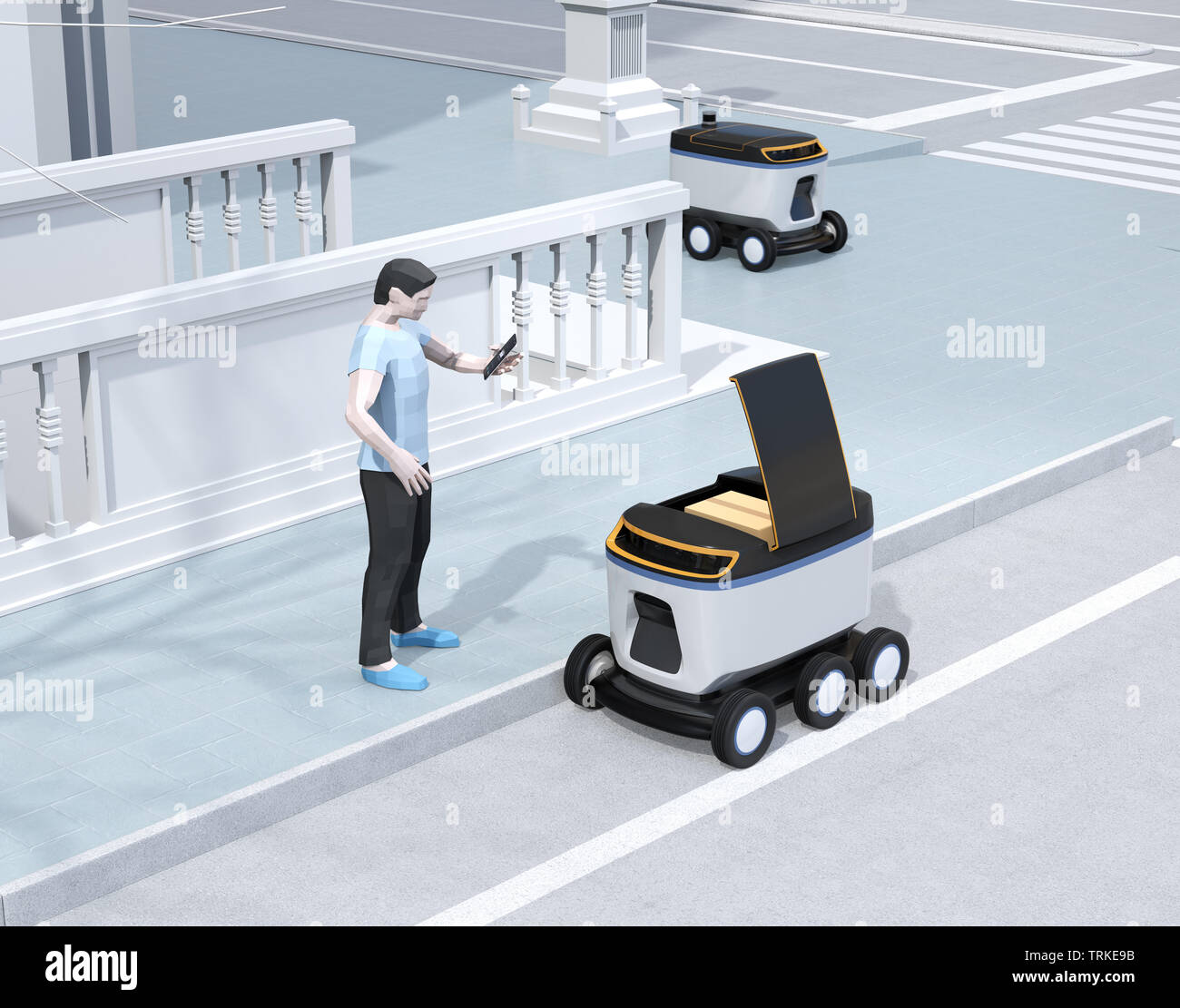 Low polygon Stil Mann mit Smartphone entsperren und Paket aus Selbstfahrer Lieferung Roboter. Letzte Meile Konzept. 3D-Bild. Stockfoto