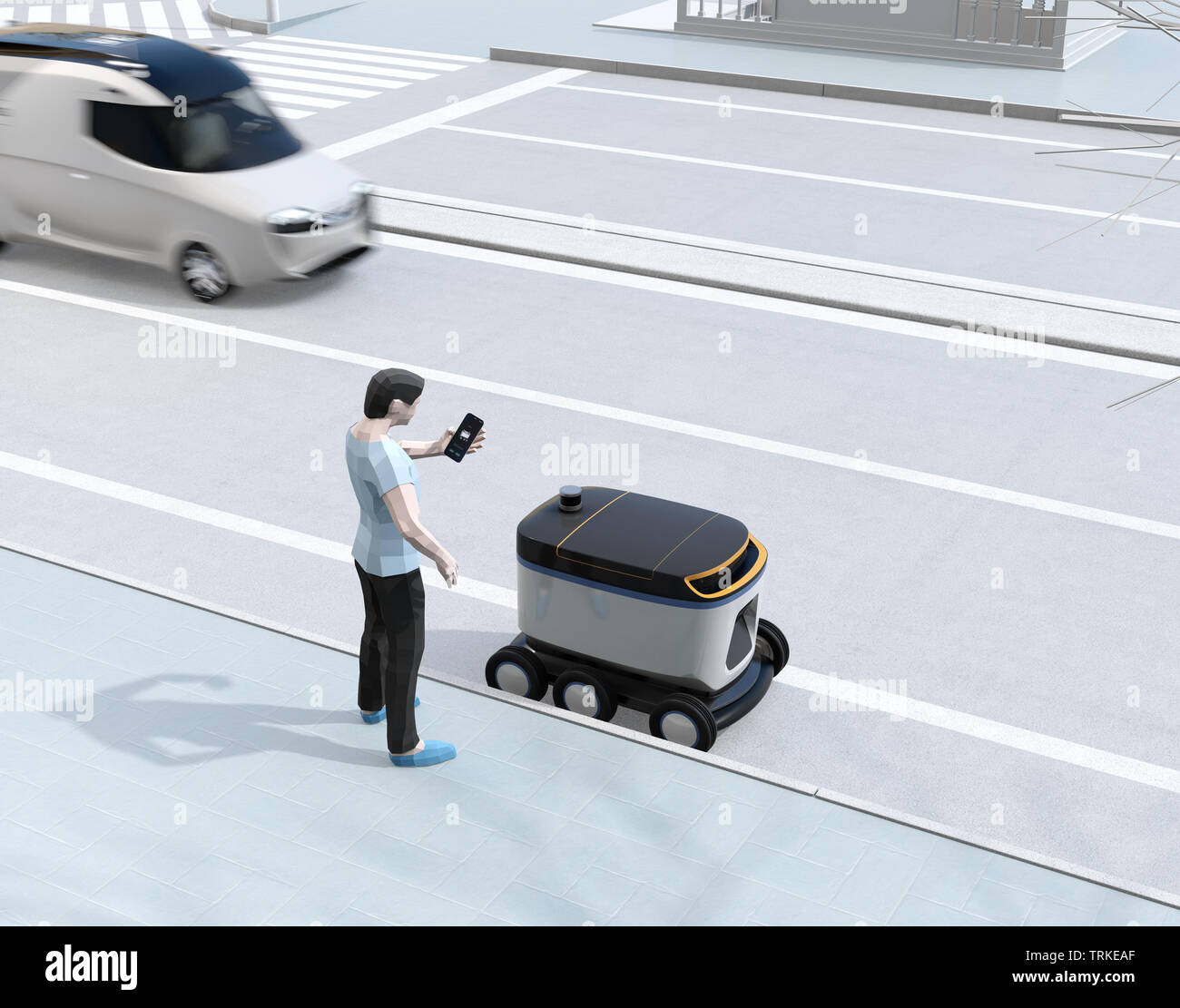 Low polygon Stil Mann mit Smartphone entsperren und Paket aus Selbstfahrer Lieferung Roboter. Letzte Meile Konzept. 3D-Bild. Stockfoto