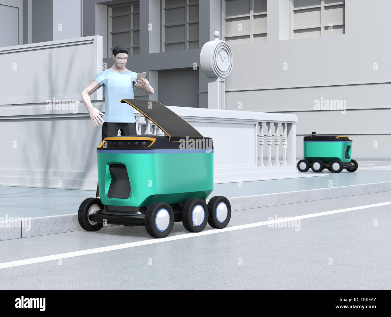 Low polygon Stil Mann mit Smartphone entsperren und Paket aus Selbstfahrer Lieferung Roboter. Letzte Meile Konzept. 3D-Bild. Stockfoto