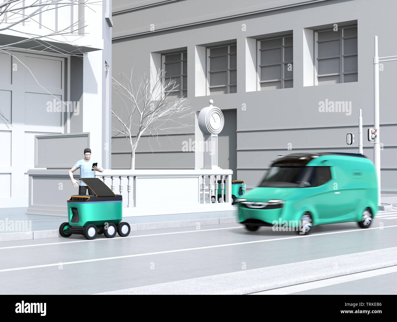 Low polygon Stil Mann mit Smartphone selbst entsperren - Fahren von Tür Lieferung Roboter. Letzte Meile Konzept. 3D-Bild. Stockfoto