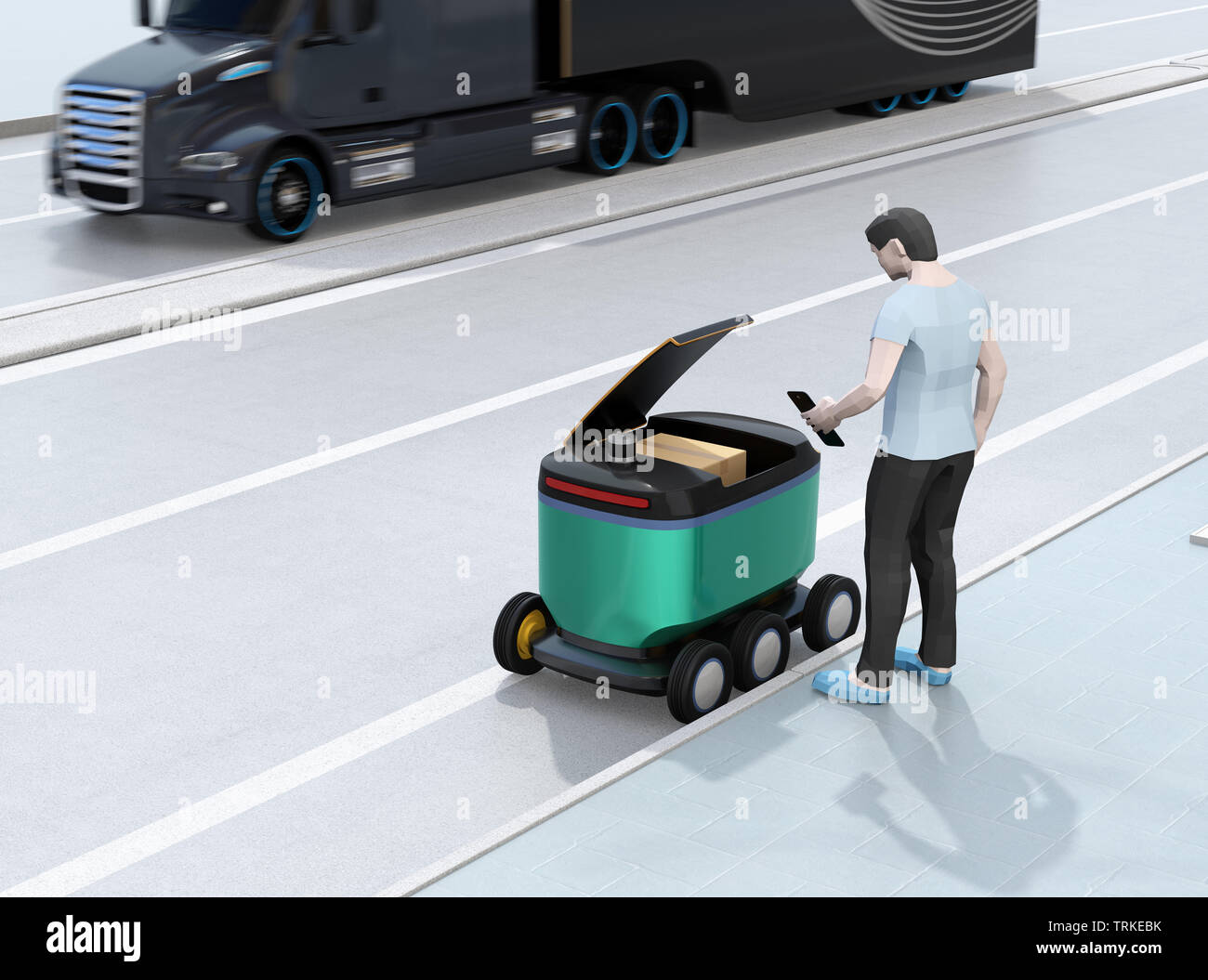 Low polygon Stil Mann mit Smartphone entsperren und Paket aus Selbstfahrer Lieferung Roboter. Letzte Meile Konzept. 3D-Bild. Stockfoto