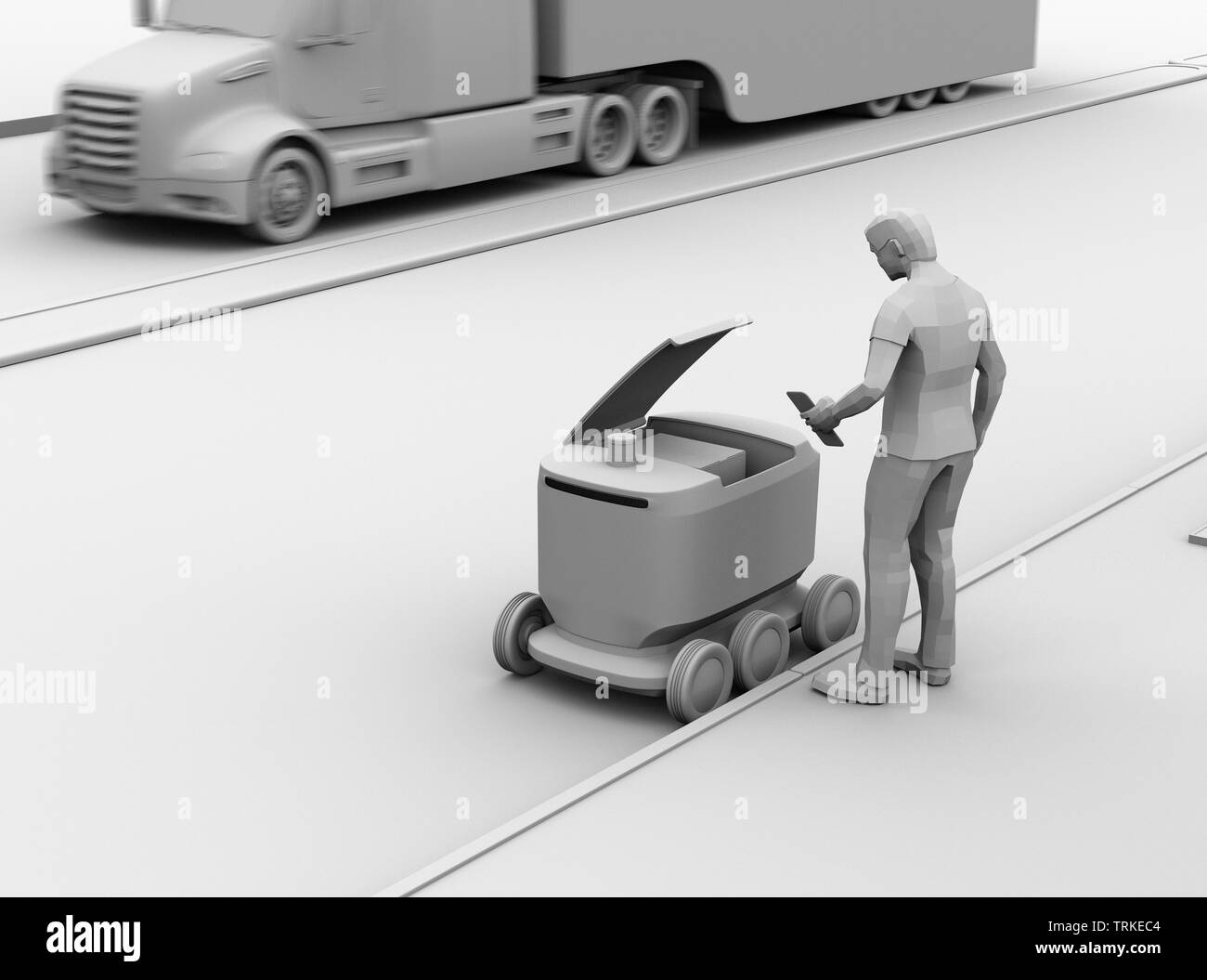 Ton Rendering von Low polygon Stil Mann mit Smartphone entsperren und Paket aus Selbstfahrer Lieferung Roboter. Letzte Meile Konzept Stockfoto