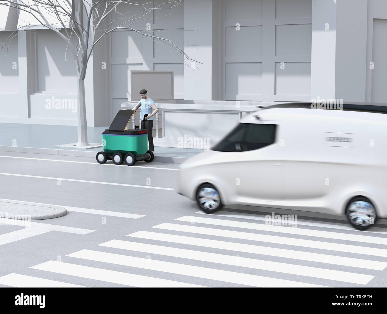 Low polygon Stil Mann mit Smartphone selbst entsperren - Fahren von Tür Lieferung Roboter. Letzte Meile Konzept. 3D-Bild. Stockfoto