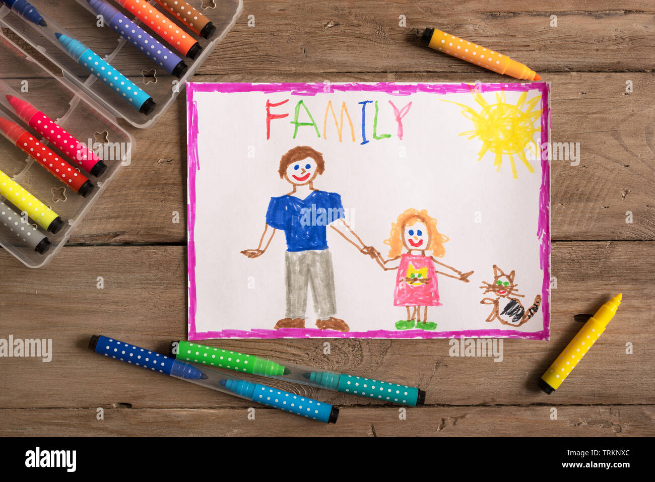 Kinder- zeichnung der Familie mit Vater und Tochter. Unvollständige Familie Konzept. Stockfoto