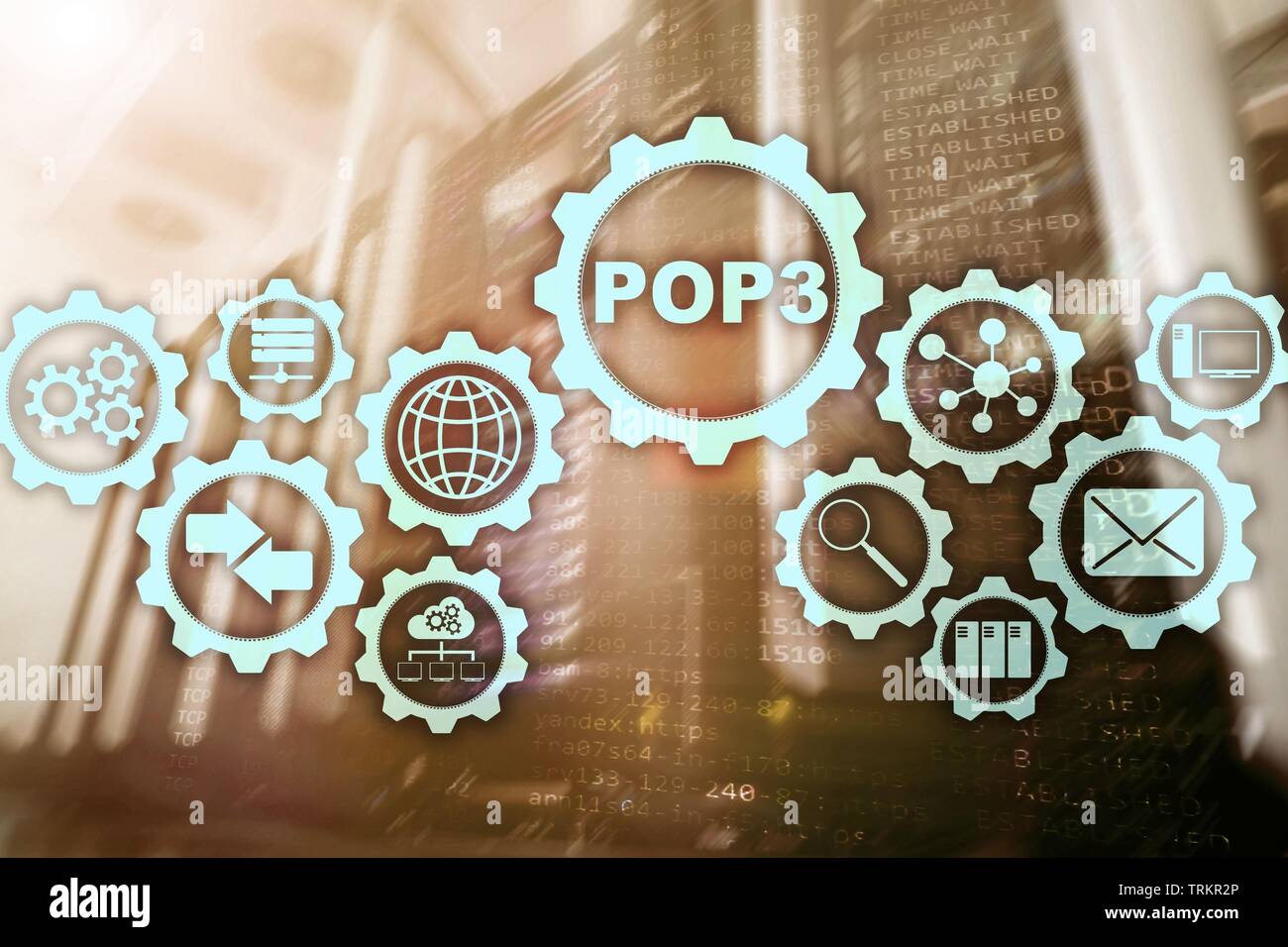 POP3. Post Office Protocol Version 3. Standard internet Protocol auf Datacenter Hintergrund. Stockfoto