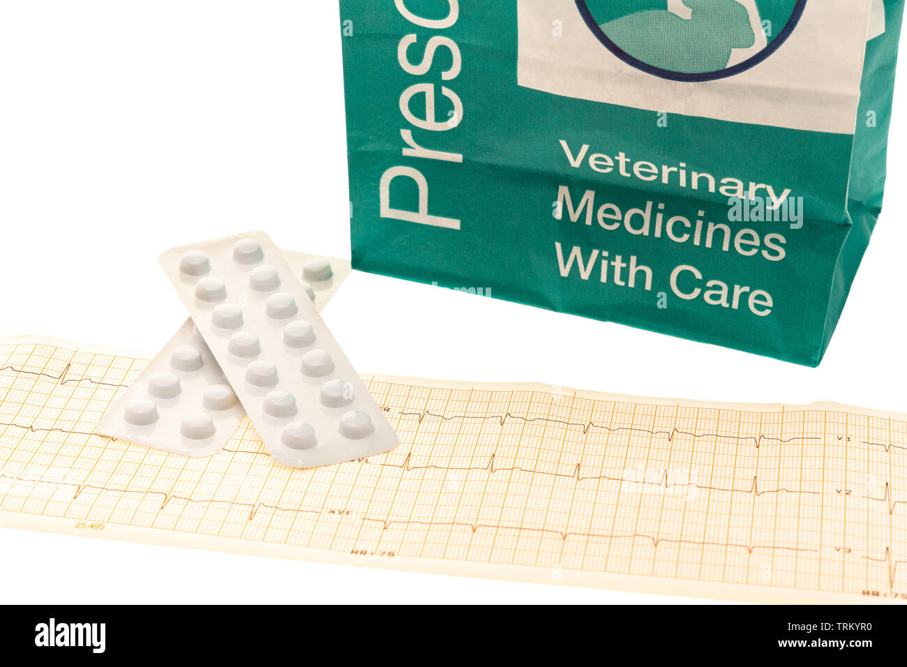 Tabletten und Computer ausdrucken mit einer Tasche von pet-Medikation Stockfoto