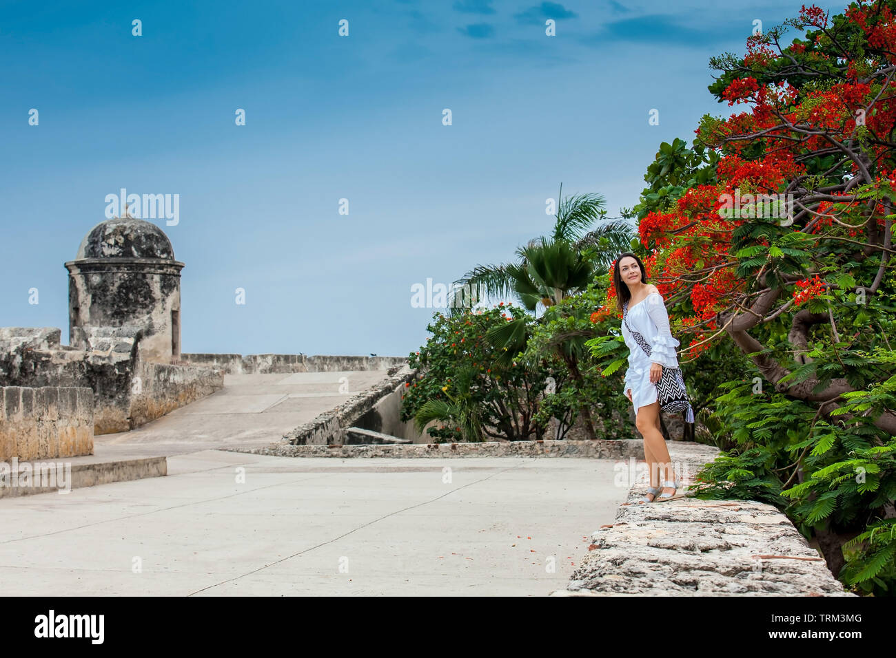 Schöne Frau im weißen Kleid allein gehen an die Wände, die die koloniale Stadt Cartagena de Indias Stockfoto