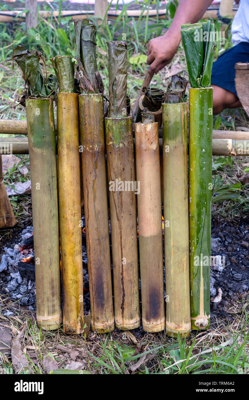 Brennende Bambus Reis in traditionelle Küche, asiatische Küche. Ubud, Insel Bali, Indonesien. Close Up. Verbrannt und klebrigen Reis mit Kokosmilch in Bambus Stockfoto