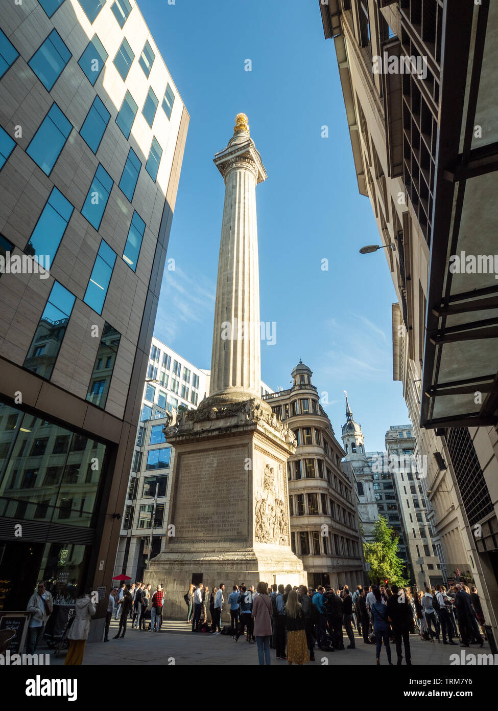 Menschenmassen vor dem Monument (dem großen Feuer von London), London, England. Stockfoto