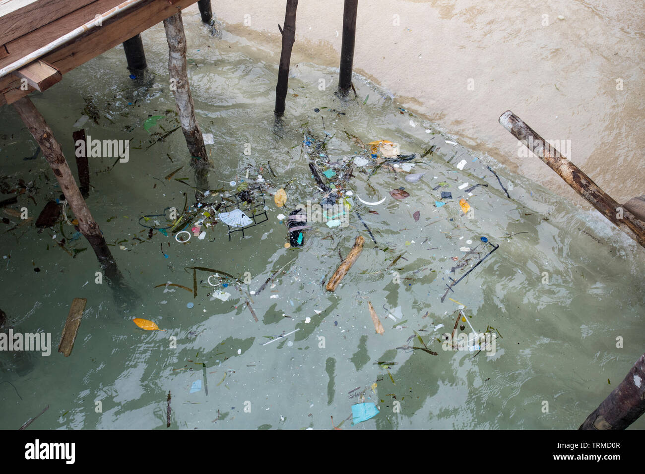 Marine plastik Müll in die durch Wind und Wellen an einem windigen Tag brachte Manyaifun auf der Insel Batang Pele, West Waigeo, Raja Ampat, Indon Stockfoto