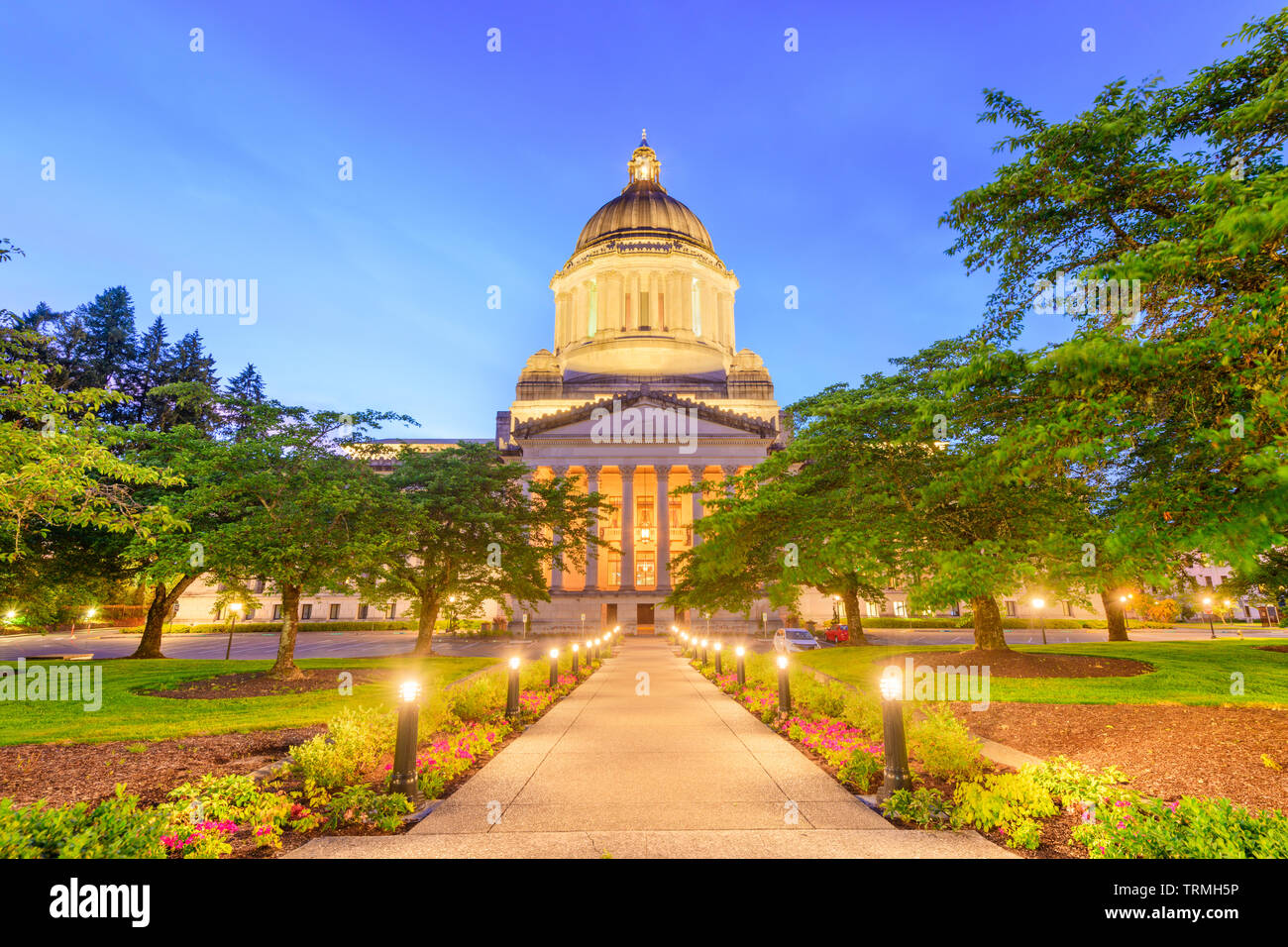 Olympia, Washington, USA State Capitol Building in der Abenddämmerung. Stockfoto