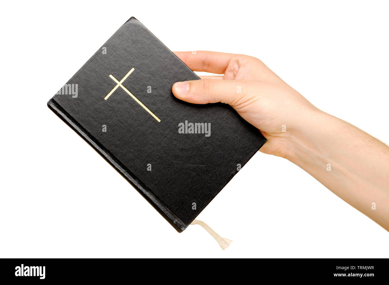 Hand mit der Bibel. Auf weiß Isoliert Stockfoto