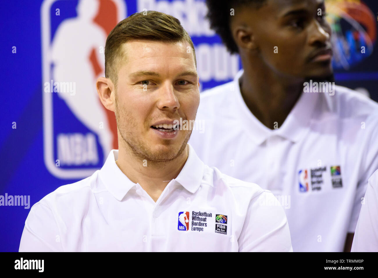 RIGA, Lettland. 9. Juni, 2019. Dairis Bertans, Spieler von New Orleans Pelikane, während NBA und FIBA camp Basketball ohne Grenzen (BWB) Europa öffnen. Credit: gints Ivuskans/Alamy leben Nachrichten Stockfoto