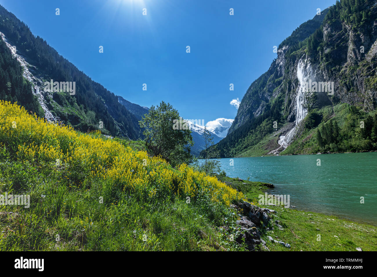 Sommer alpine Landschaft mit Bergsee. Stillup Stillup, See, Österreich, Tirol Stockfoto