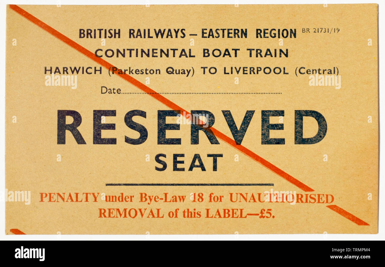 Vintage British Rail Sitzplatzreservierung Ticket Stockfoto