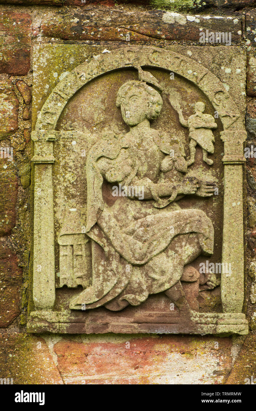 Edzell Castle, Angus, Schottland. Die aufwendige ummauerten Garten wurde 1604 angelegt. Dieser wall Plaque stellt eine der Freien Künste Stockfoto