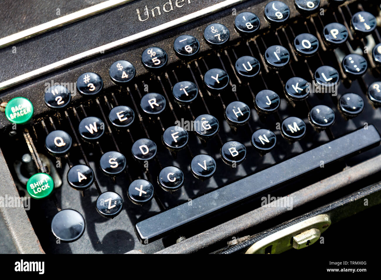 Underwood Vintage Retro mechanische altmodischen Schreibmaschine close-up, Essig Hof Flohmarkt, London, UK Stockfoto