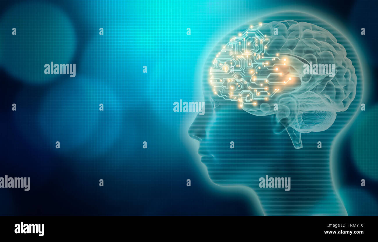 Fbg Gehirn mit 3D-Render menschlichen Kopf Profil. Künstliche oder Maschine Intelligenz oder AI Konzepte. Futuristisch oder Advanced Computer Science und Technologie Stockfoto
