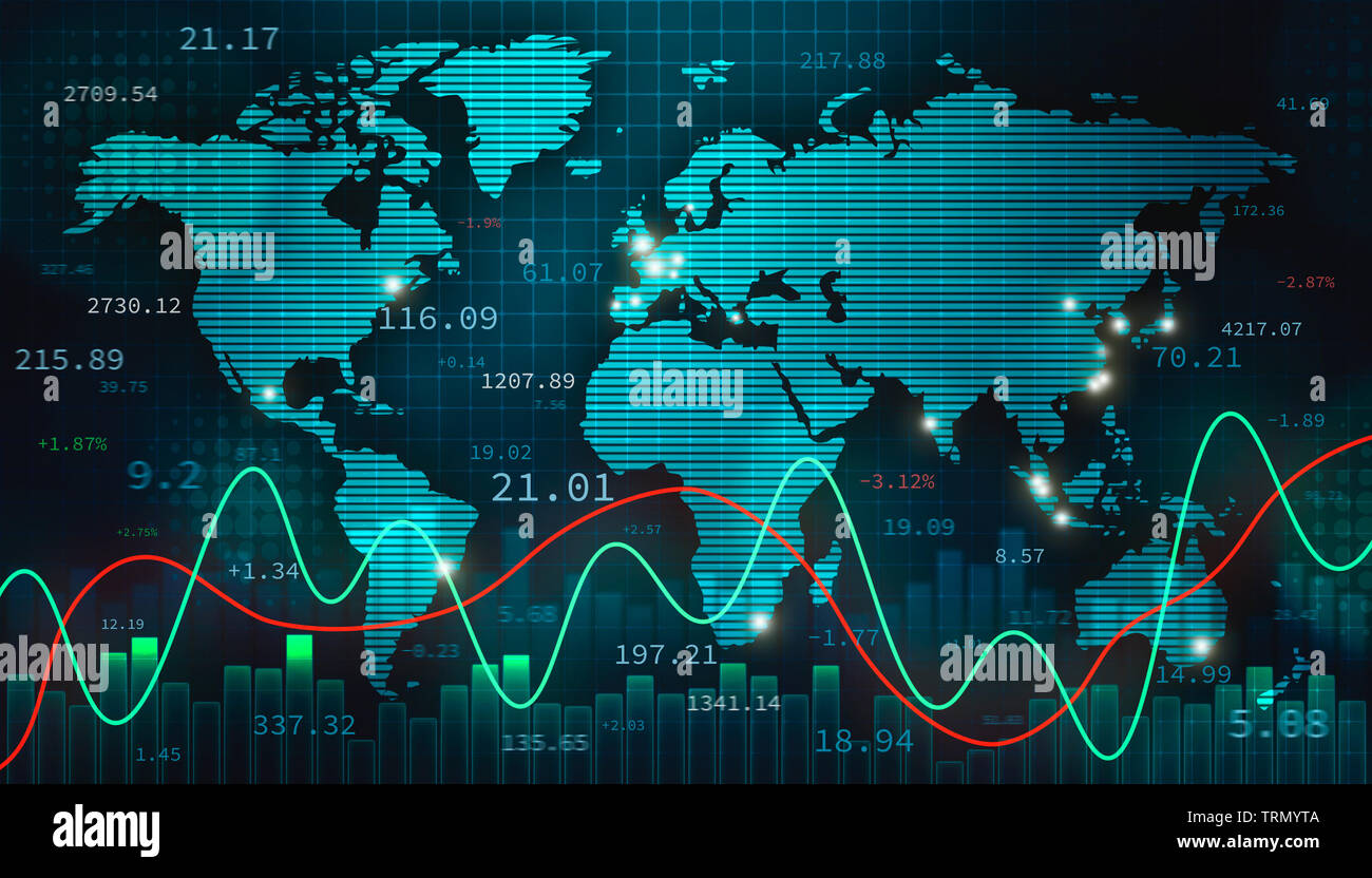 Börse Devisen- oder forex Abbildung mit der Weltkarte, Infografiken und Zahlen. Internationale Finanzen, Handel und Wirtschaft Konzept. Stockfoto