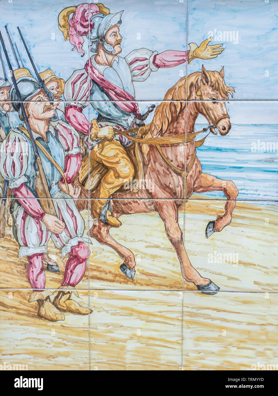 Hernan Cortes kommt nach Mexiko. Eroberung des Aztekischen Reiches Szene. Verglaste Fliesenwand Stockfoto
