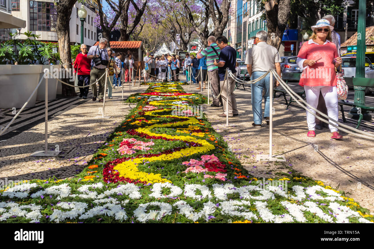 Farbige Darstellungen von Blumen während der Funchal Spring Flower Festival. Stockfoto