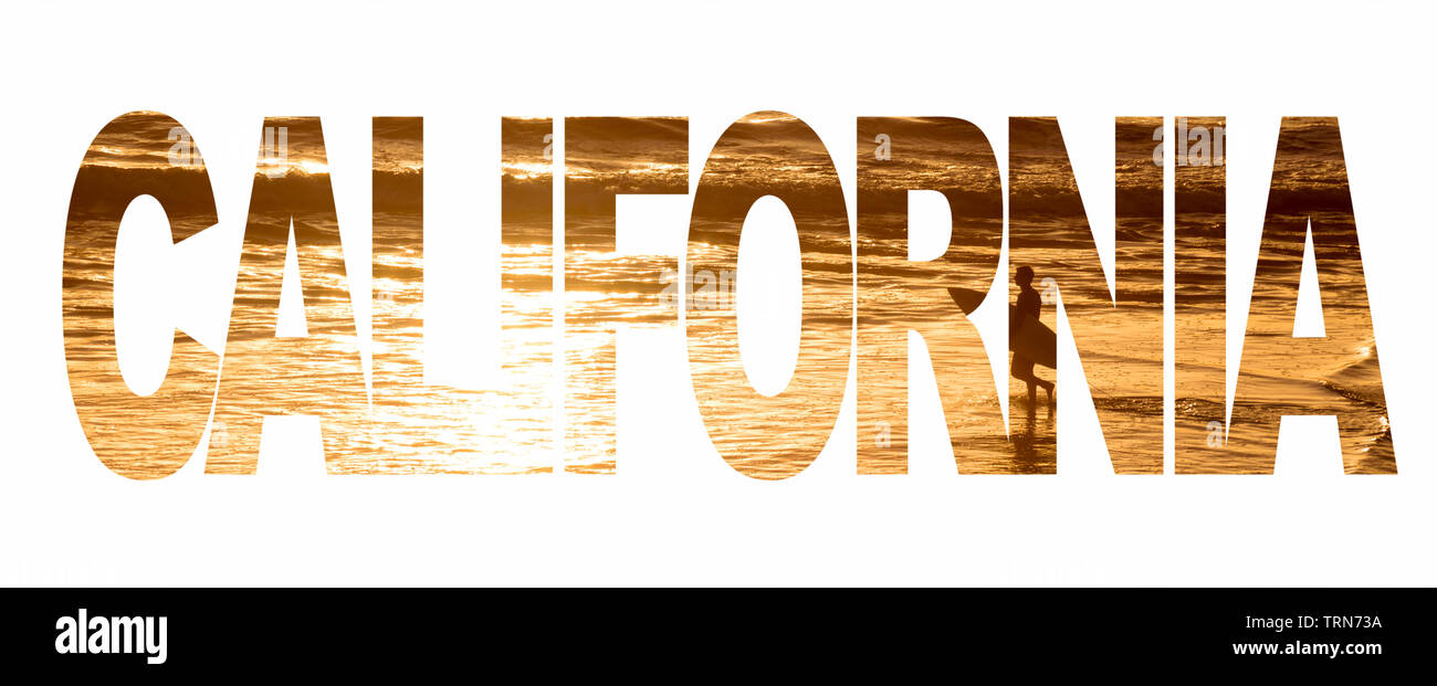 Wort Kalifornien mit einem Surfer und das Meer bei Sonnenuntergang auf weißem Hintergrund Stockfoto