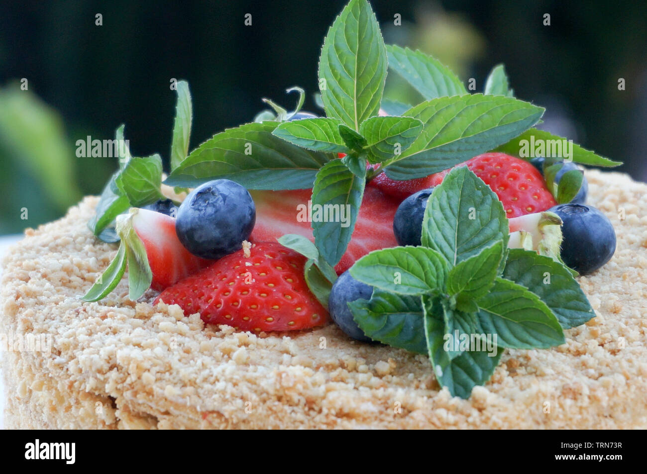 Hausgemachte Kuchen Blaubeeren Erdbeeren und Pfefferminze kraut Dekoration details Stockfoto