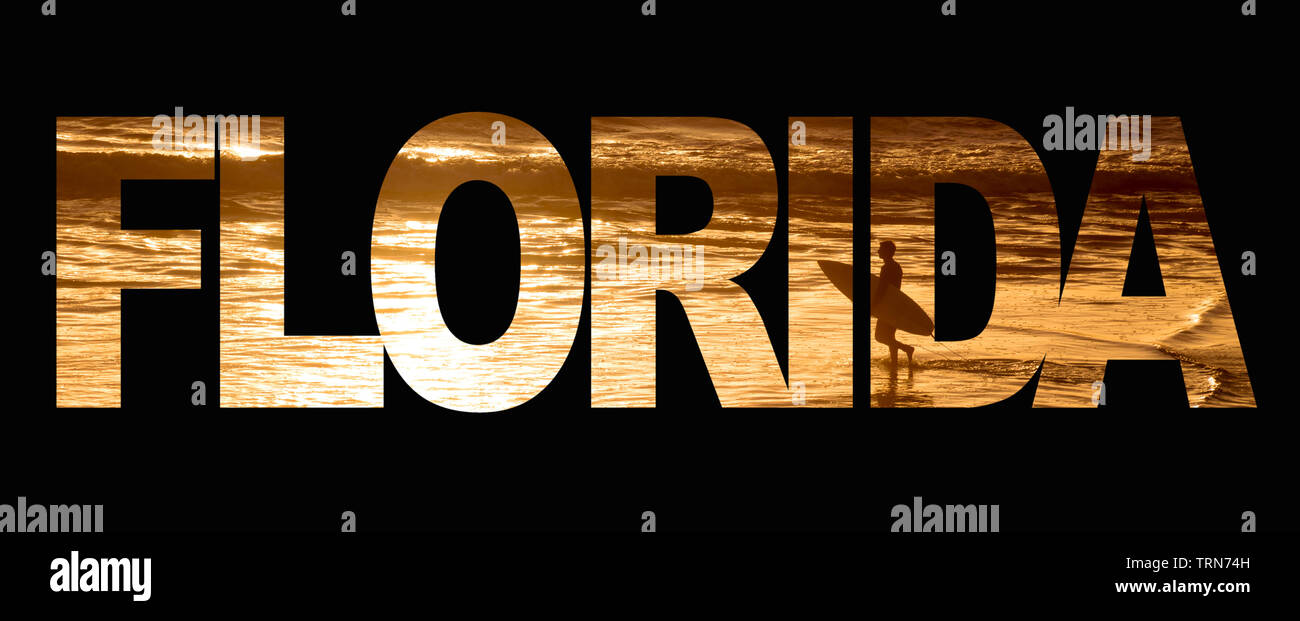 Wort Florida mit ein Surfer und das Meer bei Sonnenuntergang auf schwarzem Hintergrund Stockfoto