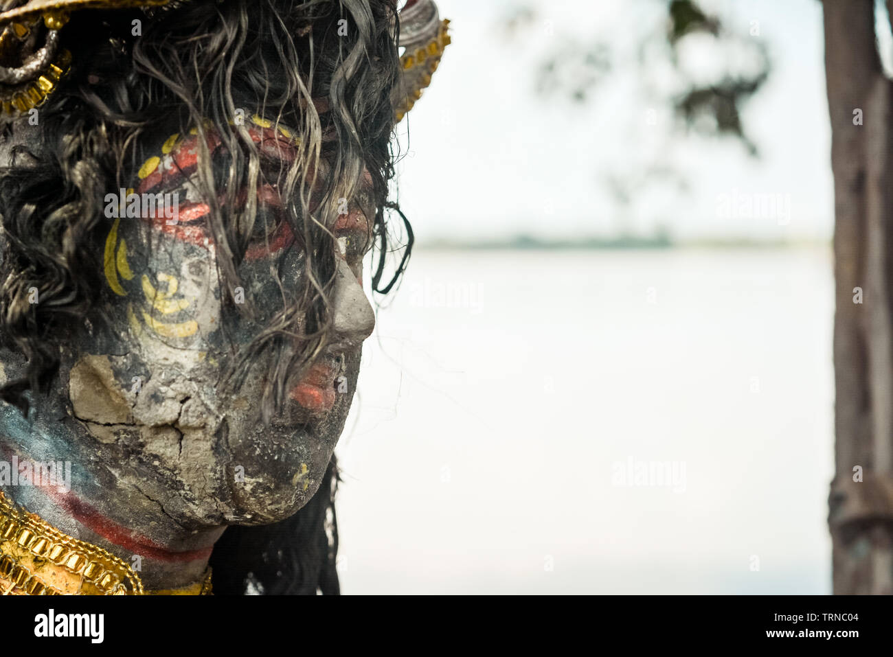 Ein Devi Maa Durga sieht leider nach unten mit zerzaustem Haar, während
